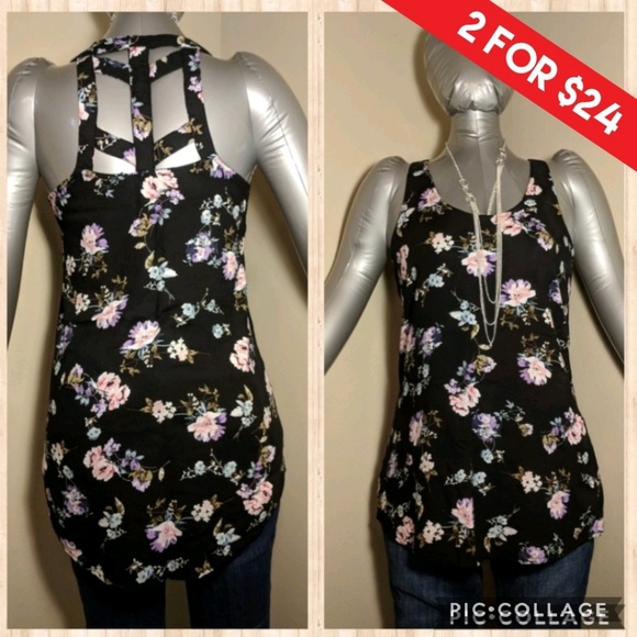 Dex Tops - Dex rose & black floral  cutout tank size small